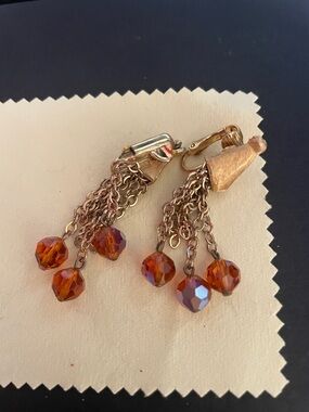 Gold-Tone Orange Crystal Tassel Clip-On Earrings